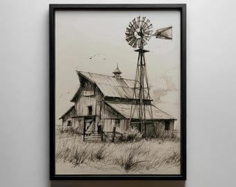 Vintage Barn and Windmill Artwork Rustic Farm Sketch Printable Wall Decor Country Homestead Digital Download