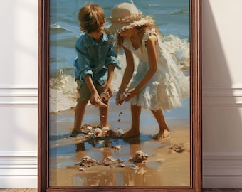 Coastal Beach Wall Art Oil Painting Brother Sister Children Collecting Seashells Printable Beach House Decor Ocean Cottage Digital Download