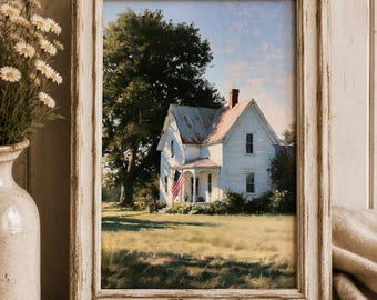 Rustic White Farmhouse Wall Art Vintage Country Home Painting American Flag Decor Rural Cottage Printable Landscape Digital Download