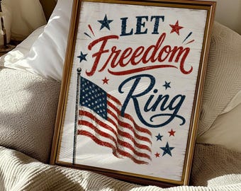 Letrero rústico "Que suene la libertad" con bandera patriótica, decoración de pared estilo granja americana, descarga digital del 4 de julio, celebra 250 años.