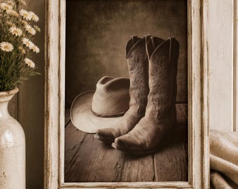 Rustic Cowboy Boots And Hat Print Vintage Western Wall Art Country Home Decor Digital Download