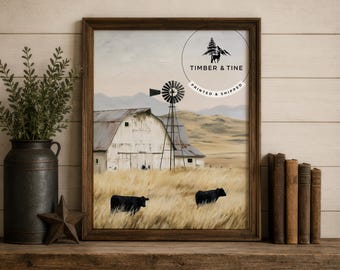 Western Ranch Barn Print Windmill Farm UNFRAMED Printed & Shipped Artwork Neutral Country Wall Decor Rustic Home Decoration