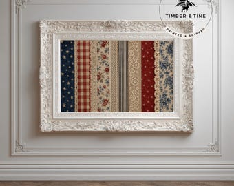 Patriotic Patchwork Flag Wall Art Americana Quilt UNFRAMED Printed & Shipped Vintage Farmhouse Decor Printed Wall Art