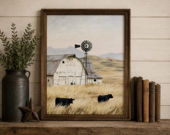 Weathered White Barn Print Windmill Wall Art Western Ranch Decor Cattle Landscape Cows Digital Download