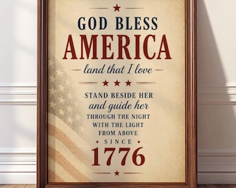 Pôster imprimível com a bandeira americana vintage "God Bless America" para decoração de parede em estilo fazenda. Download digital.