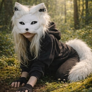 White Cat Therian Mask and Tail Set | Handmade Mask | Animal Cosplay | Furry Cosplay | Therian Gear | Alterhuman | Therian Daughter Gifts