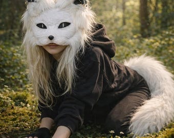 White Cat Therian Mask and Tail Set | Handmade Mask | Animal Cosplay | Furry Cosplay | Therian Gear | Alterhuman | Therian Daughter Gifts