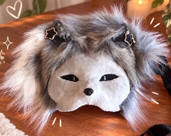Gray & White Wolf Fox Therian Mask with Tail — Handmade Faux Fur Fursuit Partial Set