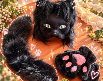 Black Cat Therian Mask, Quadrobics Cat Mask with Tail and Paw Gloves, Green Eyes Faux Fur Cat Costume Set, Halloween Cosplay Furry Gear