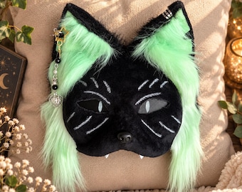 Therian Mask Cat with Tail and Paw Gloves, Black Mint Green Furry Half Mask Set, Handmade Cat Fursuit, Quadrobics Gear, Therian Gift