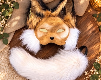 Gold Fox Therian Mask, Tail or SET | Handmade Faux Fur Coyote Wolf Animal Mask | Quadrobics Cosplay Furry Gear Gold Star Charm