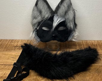 Black Cat Therian Mask and Tail Set | Handmade Faux Fur Cat Mask | Animal Cosplay | Quadrobics | Alterhuman | Therian Gift | Therian Gear