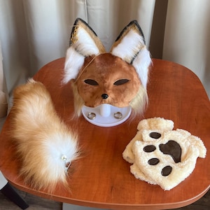 Brown Fox Therian Mask and Tail Set | Handmade Mask | Paw Gloves | Animal Cosplay | Therian Gear | Fox | Therian Daughter Gifts
