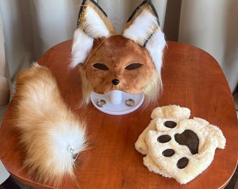 Brown Fox Therian Mask and Tail Set | Handmade Mask | Paw Gloves | Animal Cosplay | Therian Gear | Fox | Therian Daughter Gifts