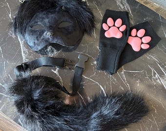 Budget Black Cat Therian Starter Pack | Mask, Tail & Paw Gloves | Furry Cosplay | Handmade Cat Animal Mask