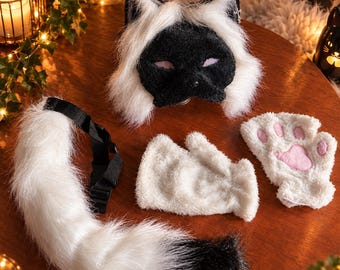 Black & White Cat Therian Mask Set — Faux Fur Mask, White Tail And Paw Mitts