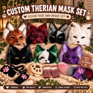 Op de afbeelding: Een set van zes diermaskers van imitatiebont in diverse kleuren, waaronder bruin, rood, zwart, wit, groen en paars. De set bevat bijpassende pootvormige handschoenen, een staart en een choker met een hartvormige bedel. Tekst op de afbeelding: CUSTOM THERIAN MASK SET.