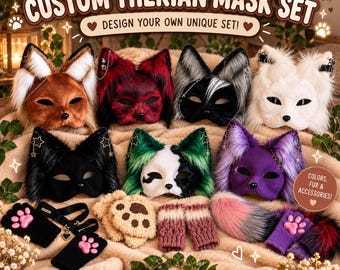 Custom Therian Masks | Made to Order Faux Fur Mask, Tail & Paw Gloves | Choose Your Colors | Wolf Fox Cosplay Fursuit Partial