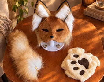 Brown Fox Therian Mask and Tail Set | Handmade Mask | Paw Gloves | Animal Cosplay | Therian Gear | Fox | Therian Daughter Gifts