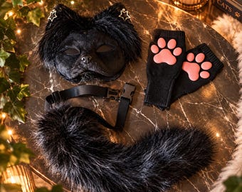 Budget Black Cat Therian Starter Pack | Mask, Tail & Paw Gloves | Furry Cosplay | Handmade Cat Animal Mask