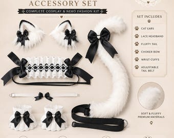 Neko Cat Girl Cosplay Set — Kawaii Cat Ears, Fluffy Tail, Lace Choker & Cuffs Costume Kit