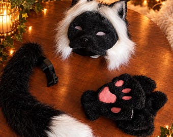 Black & White Cat Therian Mask Set — Faux Fur Mask, Tail And Paw Mitts