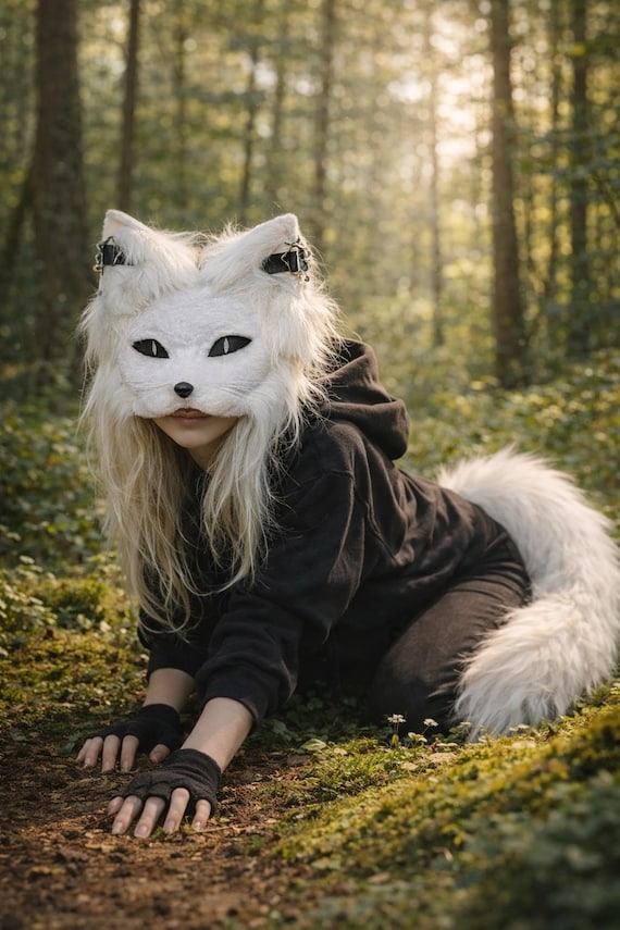 White Cat Therian Mask and Tail Set | Handmade Mask | Animal Cosplay | Furry Cosplay | Therian Gear | Alterhuman | Therian Daughter Gifts