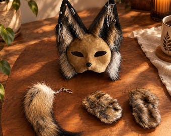 Therian Mask and Tail Set | Handmade Mask | Paw Gloves | Animal Cosplay | Therian Gear | Fox | Therian Daughter Gifts | Gray Tan Fox