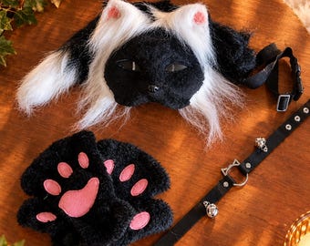 Budget Black and White Tuxedo Cat Therian Mask Set — Faux Fur Mask, Tail, Paw Mitts & Bell Collar
