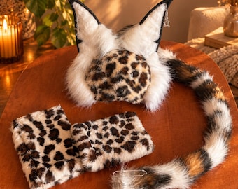 Leopard Print Therian Mask Set — Faux Fur Lynx Cat Mask, Tail & Paw Gloves