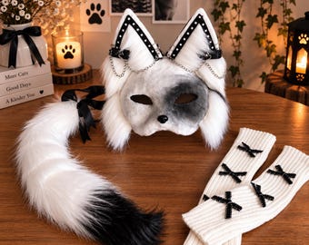 Therian Mask Black White Fox | Studded Ears Chain Detail | Handmade Faux Fur Mask | Fluffy Tail | Knit Hand Warmers | Therian Gear | Fox