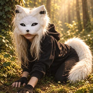 May include: A white fox mask with black almond-shaped eyes and a black nose, featuring long white faux fur. The mask is worn with a black hooded sweatshirt, black fingerless gloves, and a long, fluffy white faux fur tail attached to the back.