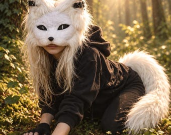 White Cat Therian Mask and Tail Set | Handmade Mask | Animal Cosplay | Furry Cosplay | Therian Gear | Alterhuman | Therian Daughter Gifts