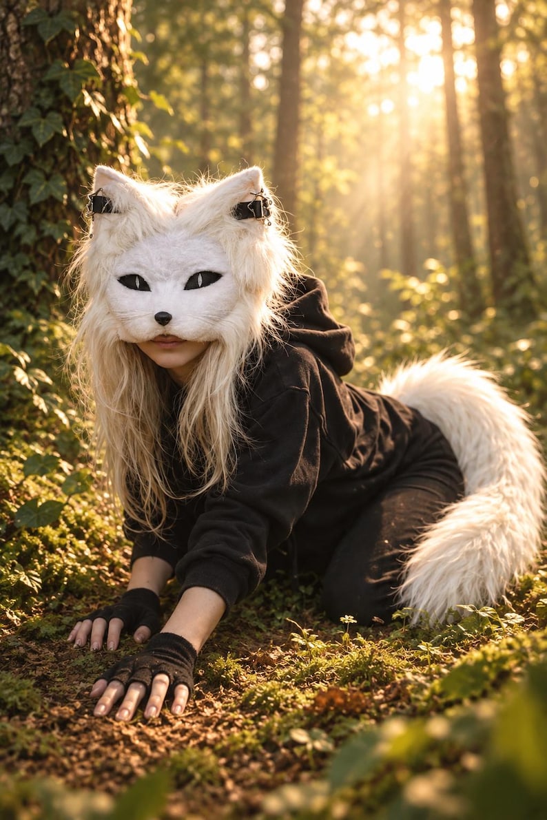 May include: A white fox mask with black almond-shaped eyes and a black nose, featuring long white faux fur. The mask is worn with a black hooded sweatshirt, black fingerless gloves, and a long, fluffy white faux fur tail attached to the back.