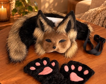 Therian Fox Mask Set | Faux Fur Paw Gloves + Collar | Handmade Wolf Animal Cosplay Costume