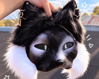 Black White Fox Therian Mask + Fluffy Tail & Paws Set | Handmade Cat Mask for Quadrobics Cosplay Furry | Choose Mask, Tail or Full Set