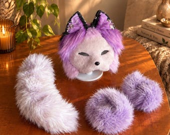 Purple Therian Mask | Faux Fur Animal Mask Tail Paw Gloves Set | Handmade Furry Cosplay Costume | Therian Gear Gift