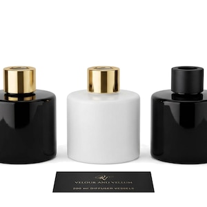 Flacon diffuseur à bâtonnets vide 200 ml | Récipient diffuseur en verre lesté avec collerette | Noir, blanc et or, noir et or | À l'unité, par lot de 6 ou de 12