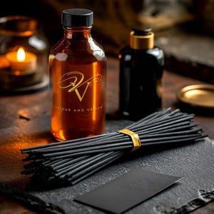 Peut inclure: Une bouteille en verre ambré avec un bouchon noir portant un logo doré et le texte VELOUR AND VELLUM, accompagnée d'un faisceau de bâtonnets diffuseurs noirs maintenus par une bague dorée et une petite carte rectangulaire noire.
