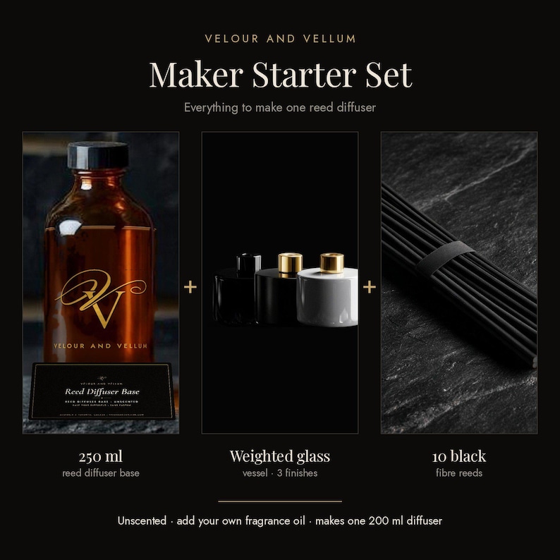 Puede incluir: Set de inicio Velour and Vellum para un difusor de varillas. Incluye una botella de vidrio &aacute;mbar de 250 ml con base para difusor, tres recipientes de vidrio pesados en acabados negro y blanco, y 10 varillas de fibra negras. Kit sin aroma.