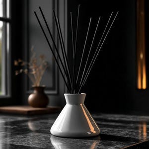 Könnte beinhalten: Ein weißer Keramik-Raumduft-Diffusor mit breitem, konischem Fuß und schmalem Hals. Mehrere dünne, schwarze Duftstäbchen stecken in der Öffnung des Gefäßes und fächern sich in einem radialen Muster vor einem dunklen Hintergrund auf.