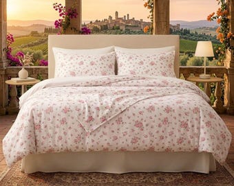 Juego de sábanas con estampado floral de rosas románticas – Microfibra color marfil, tamaño matrimonial, 4 piezas, bolsillo profundo