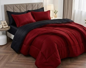 Queen Comforter Set – Reversible Red Black Bedding, Ultra-Soft Microfiber, All-Season 7-Piece Set