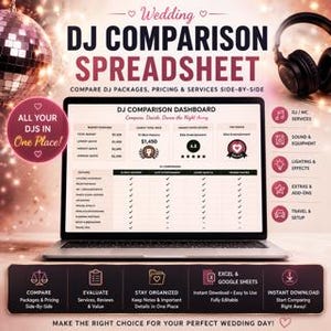 May include: A digital wedding DJ comparison spreadsheet displayed on a laptop screen, featuring a dashboard for evaluating packages, pricing, and services. The layout includes a comparison table, budget overview, and icons for DJ services, sound, and lighting.