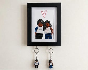 Personalized Frame/Key Holder with Block-Style Minifigures | Gift for Couples and Families | Personalized Key Holders