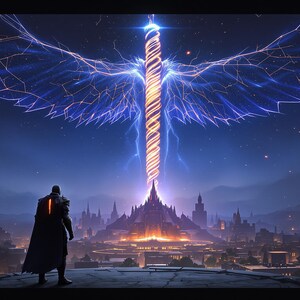 May include: Digital art depicting a futuristic cityscape under a starry night sky. A figure in dark armor stands on a rooftop, gazing at a glowing pillar of light and energy. Above, a celestial display of blue lightning.