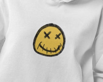 Distressed Smiley Face Hoodie | Grunge Happy Skull Sweatshirt | Festival outfit | Streetwear Hoodie