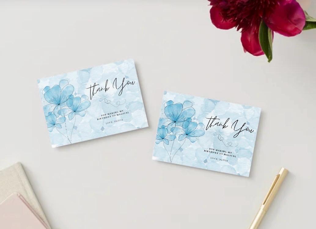 Thank You Card Birthday Flower Girl Blue Template Editable Canva - Etsy
