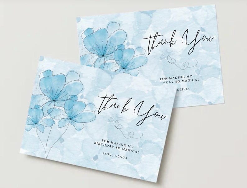Thank You Card Birthday Flower Girl Blue Template Editable Canva - Etsy