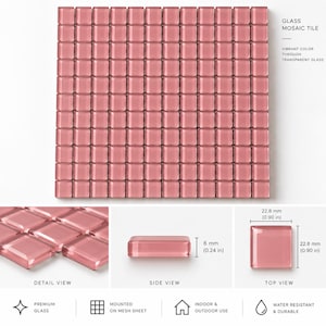 May include: A square sheet of pink glass mosaic tiles featuring a grid of small, transparent, square-shaped pieces. The individual tiles measure 0.90 inches by 0.90 inches with a thickness of 0.24 inches, mounted on a mesh backing sheet.